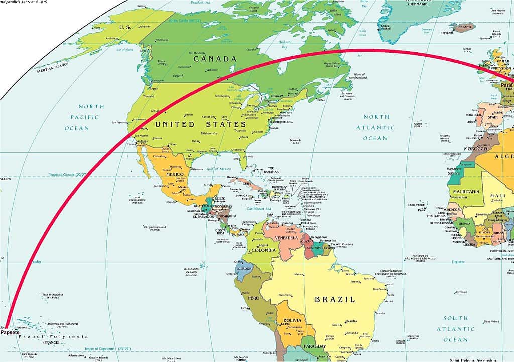 A map showing a flight path that is curved