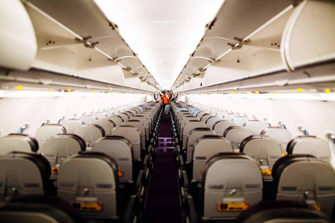 View of a plane's seats from the back of a plane