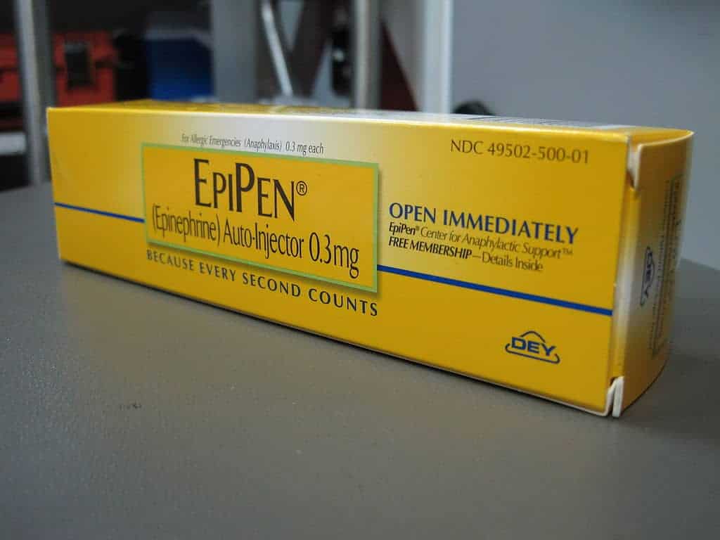 EpiPen outer yellow packaging with an EpiPen instead