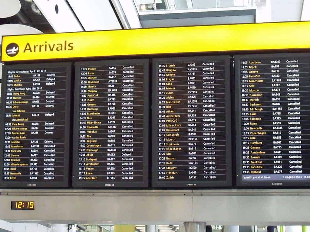Flight board showing a list of delayed and cancelled flights