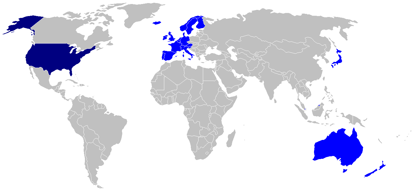 Map showing all the countries eligible for the Visa Waiver Program (ESTA)