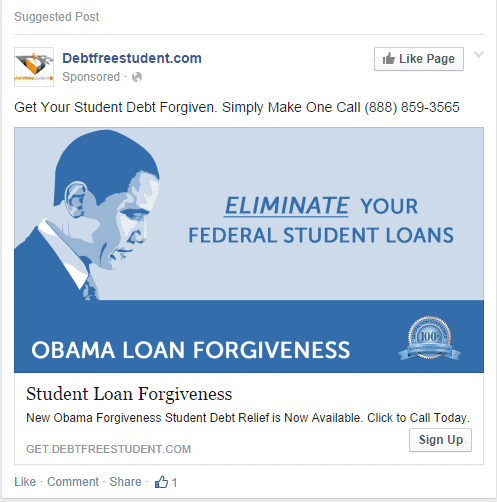 Alleged Facebook advertisement a reader sent in for Debt Free Student.