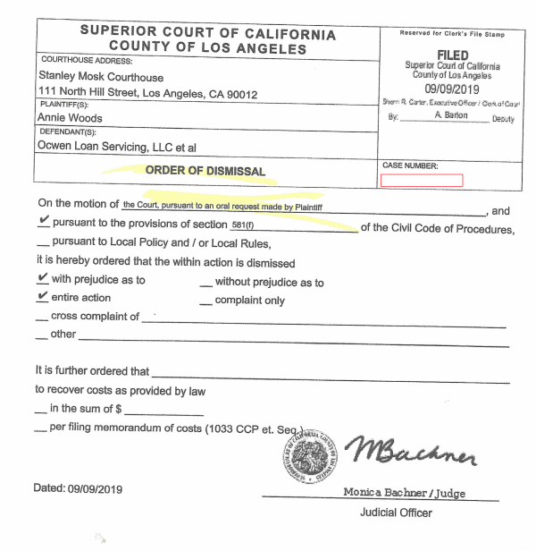 Ocwen Loan Servicing Case Dismissal