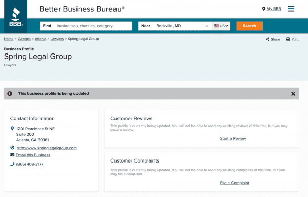 Spring Legal Group BBB Rating