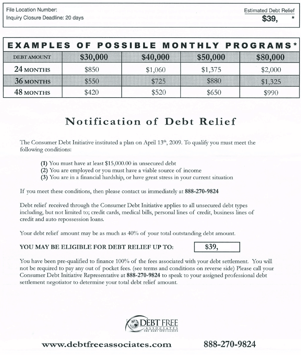 Consumer Debt Initiative - Debt Free Associates Mailer