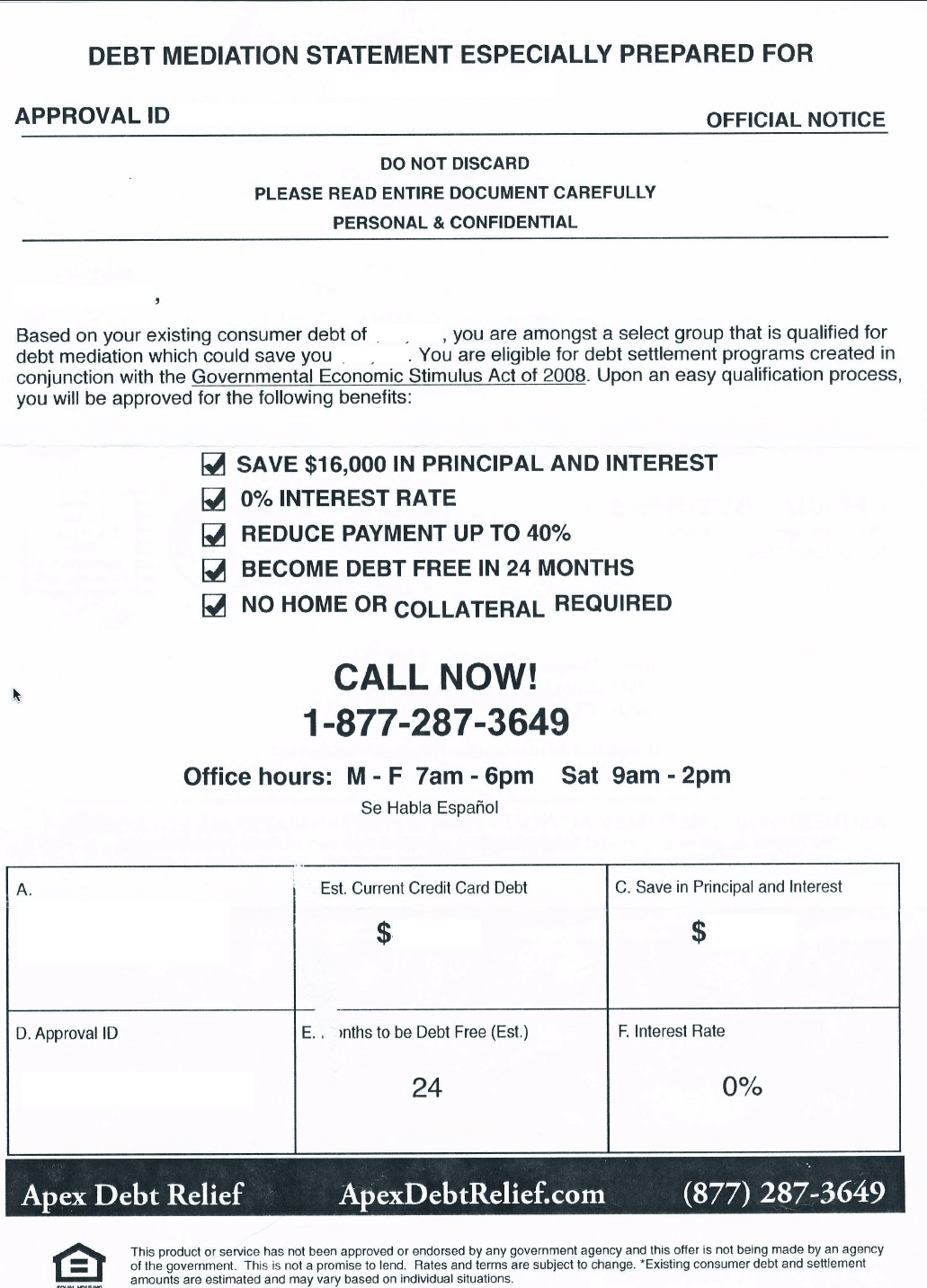 Apex Debt Relief Mailer
