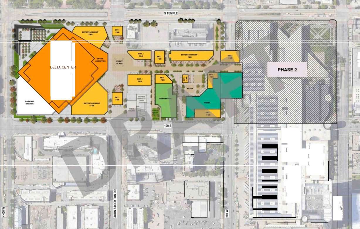 A layout showing the renovated Delta Center and surrounding development in the sports, entertainment, culture, and convention district.