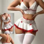 313 Lingerieطقم لانجري دكتورة دانتيل أبيض قطعتين مع تنورة قصيرة وأربطة جوارب بحواف حمراء