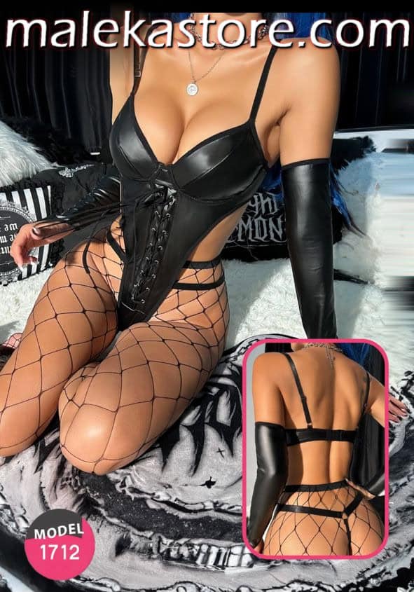 ⁦1712 Lingerie 4pca with colon لانجري جلد أسود فخم  لانجري ستور | malekastore.com⁩ - الصورة ⁦1⁩