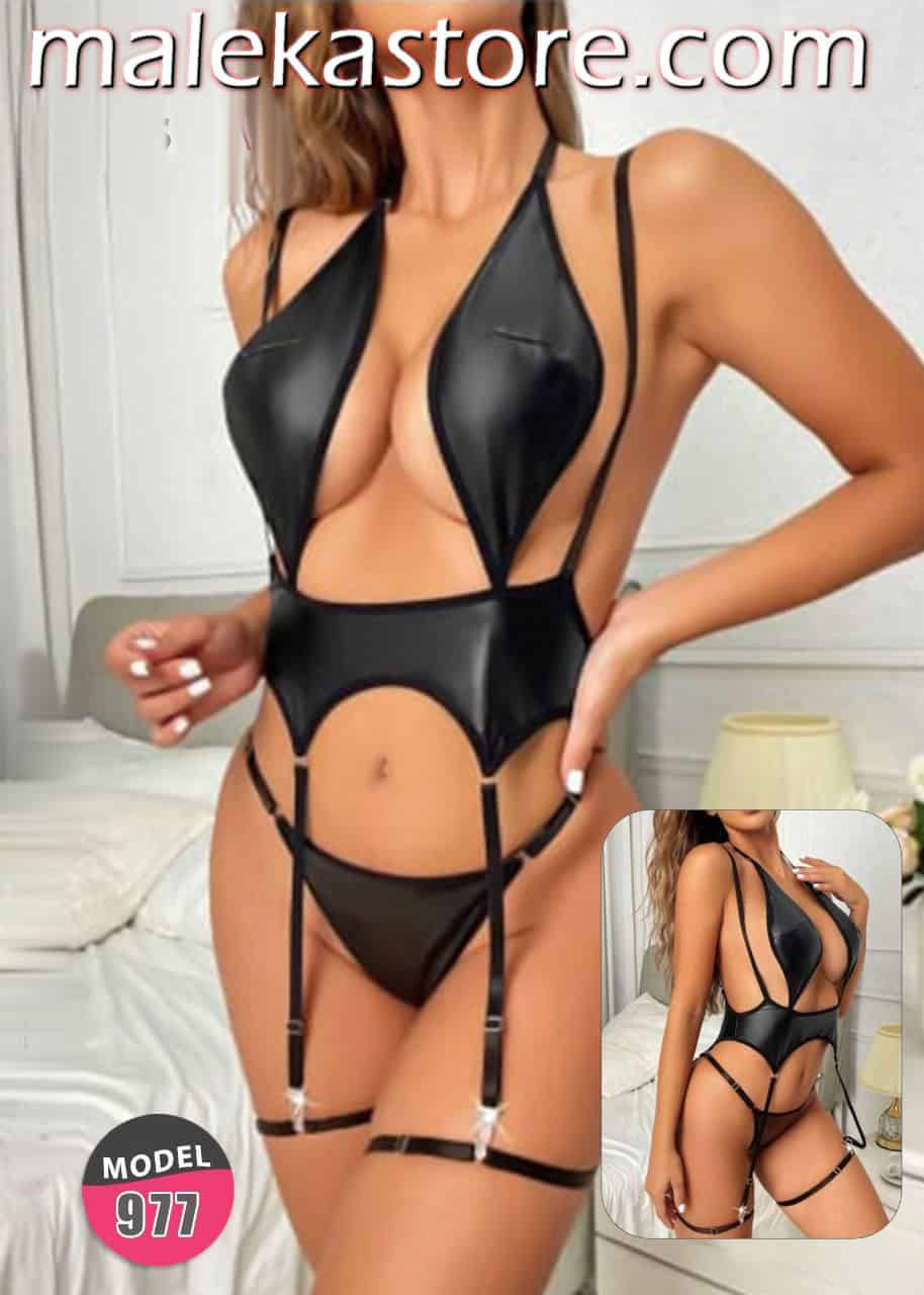 977 977 لانجري أسود بستايل جلد لامع – إطلالة عصرية جريئة من Malekastore - الصورة 1