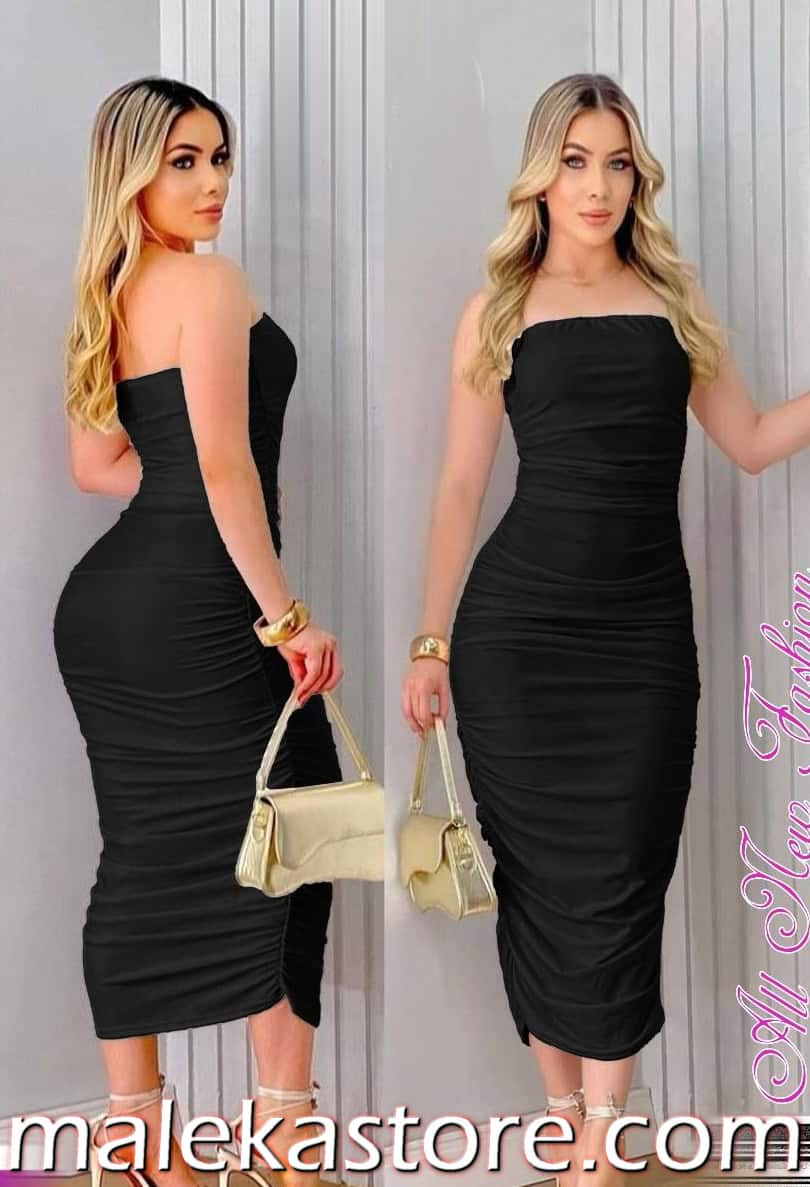 ⁦145 Lingerie black فستان ميدي كلاسيكي بخصر مكشكش – إطلالة أنيقة للمناسبات | Maleka Store⁩ - الصورة ⁦1⁩