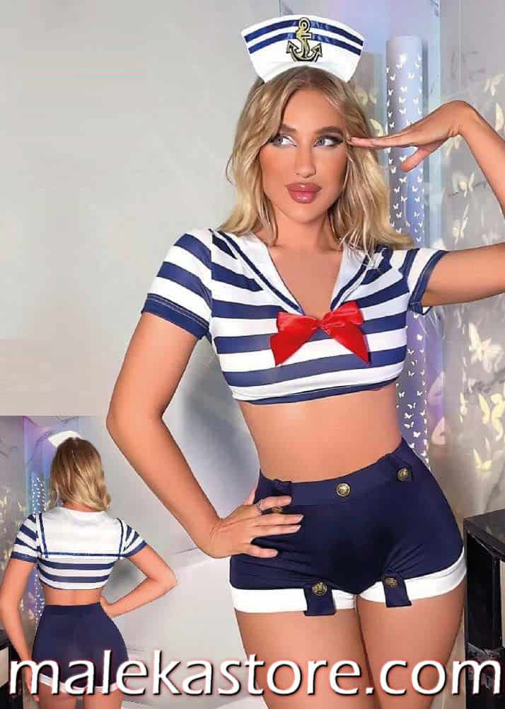 ⁦319 Lingerieطقم لانجري تنكري بحارة قطعتين توب مخطط وشورت كحلي بأزرار ذهبية⁩ - الصورة ⁦1⁩