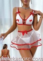 367 custom lingerieطقم لانجري تنكري أبيض ناعم قطعتين مع تنورة تل قصيرة بفيونكات حمراء