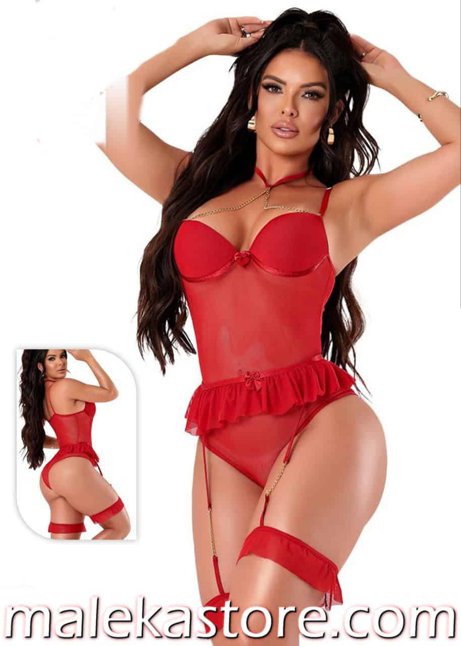 1543 r 1543 Lingerie red لانجري أحمر بستايل الكرانيش وتفاصيل السلاسل - إطلالة استثنائية | Malekastore - الصورة 1