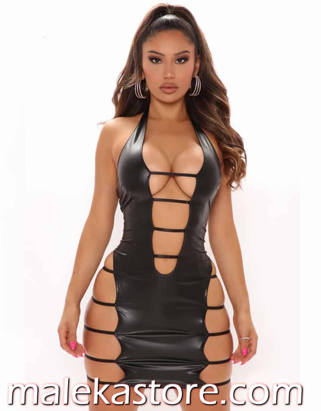 ⁦291 leather dress lingerie فستان لانجري جلد أسود تنكري بتصميم هوليوود جريء ومثير⁩ - الصورة ⁦2⁩