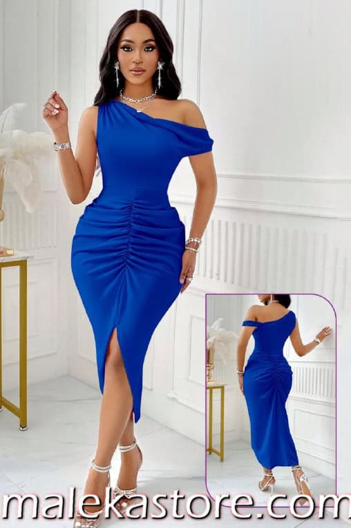 207 b 207 liengerie blue فستان ميدي أزرق ملكي مكشكش بكتف واحد منسدل وفتحة ساق أمامية | لانجري ستور - الصورة 1