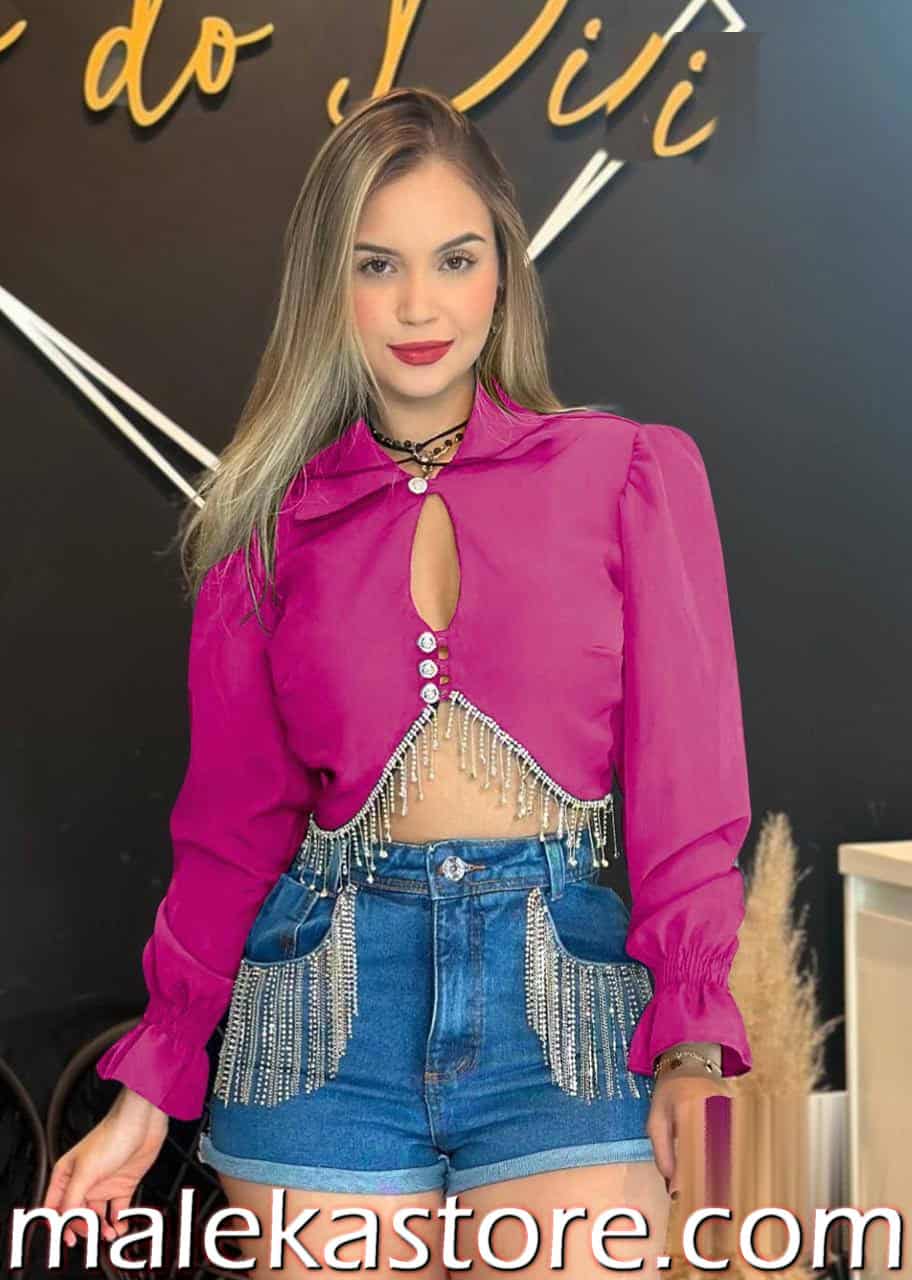 ⁦1654 pink طقم كاجوال سواريه قطعتين بلوزة فوشيا بشراريب ألماسية وشورت جينز مرصع | لانجري ستور⁩ - الصورة ⁦1⁩