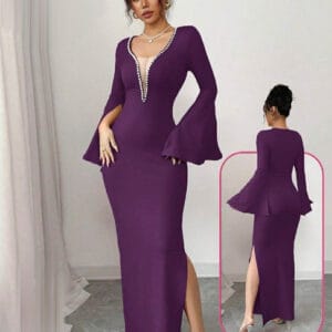 163 p تألقي بإطلالة ملكية مع فستان سهرة بنفسجي مرصع باللؤلؤ. تصميم عصري وأنيق يبرز جمالك. اطلبي قطعتك المميزة الآن من متجر ملكة.