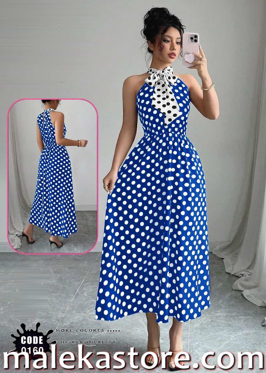 0160 blueفستان منقط طويل بتصميم عصري وأنيق