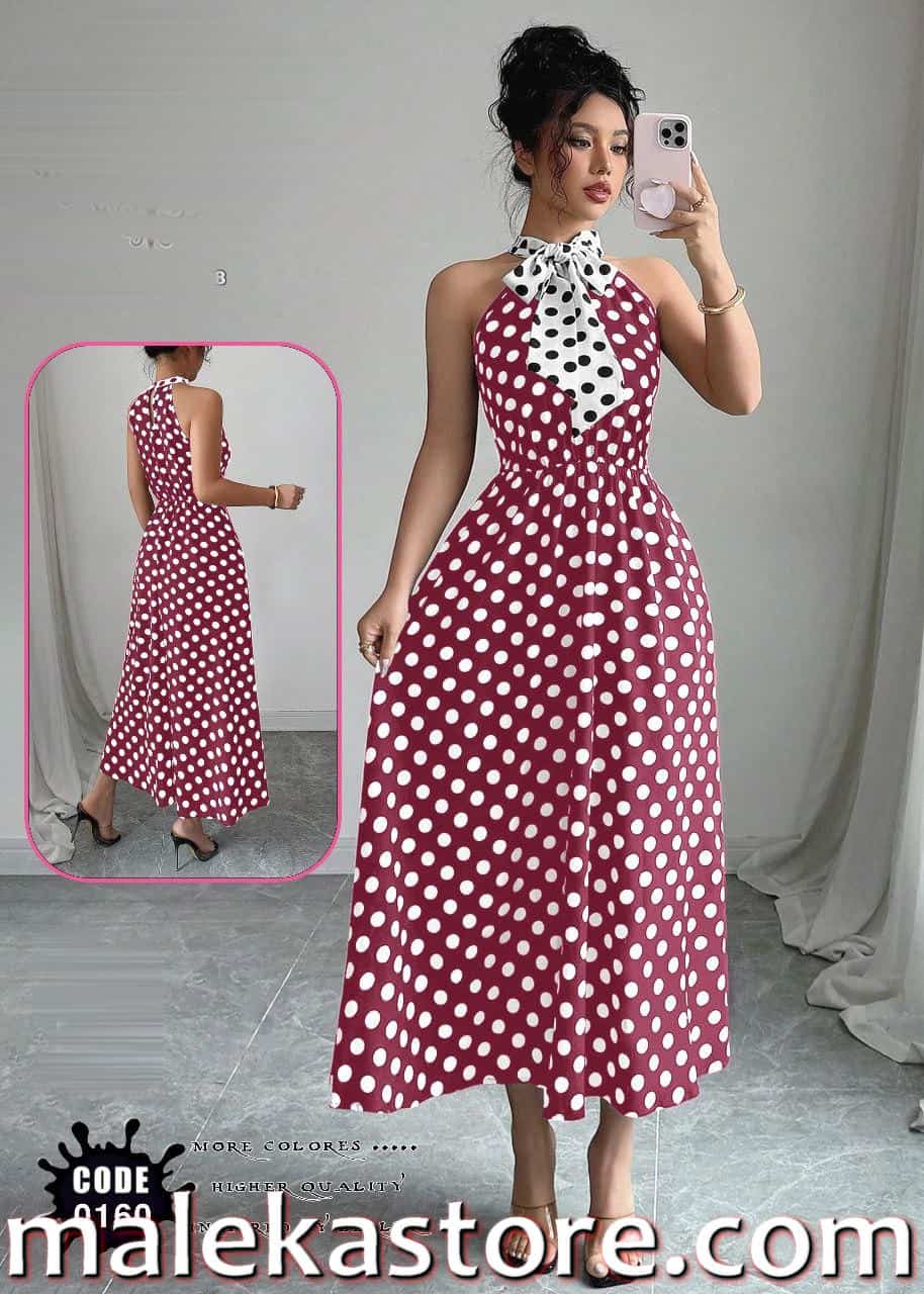 0160 drفستان منقط طويل بتصميم عصري وأنيق