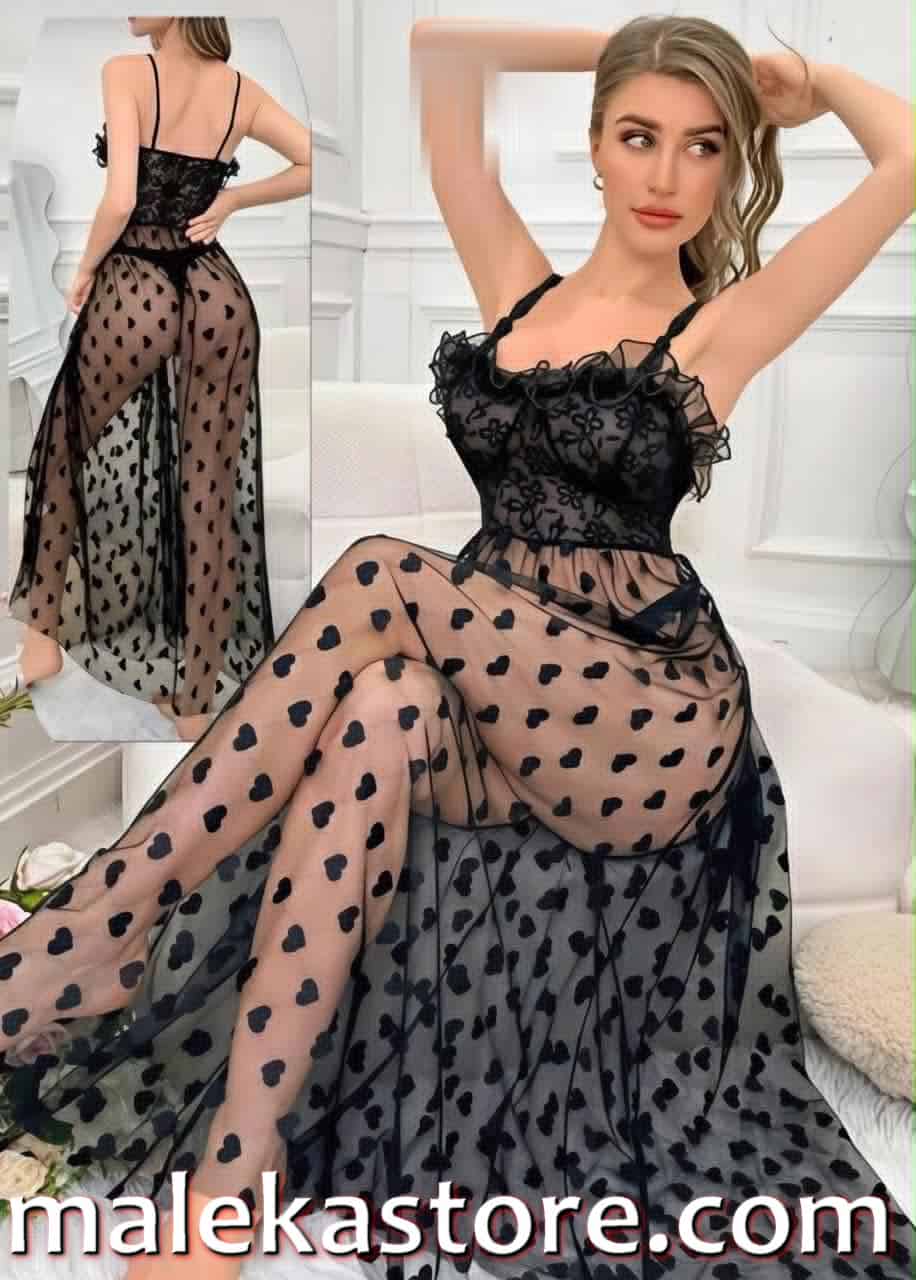 5528 b فستان لانجري طويل اسود شيفون بجلوبس