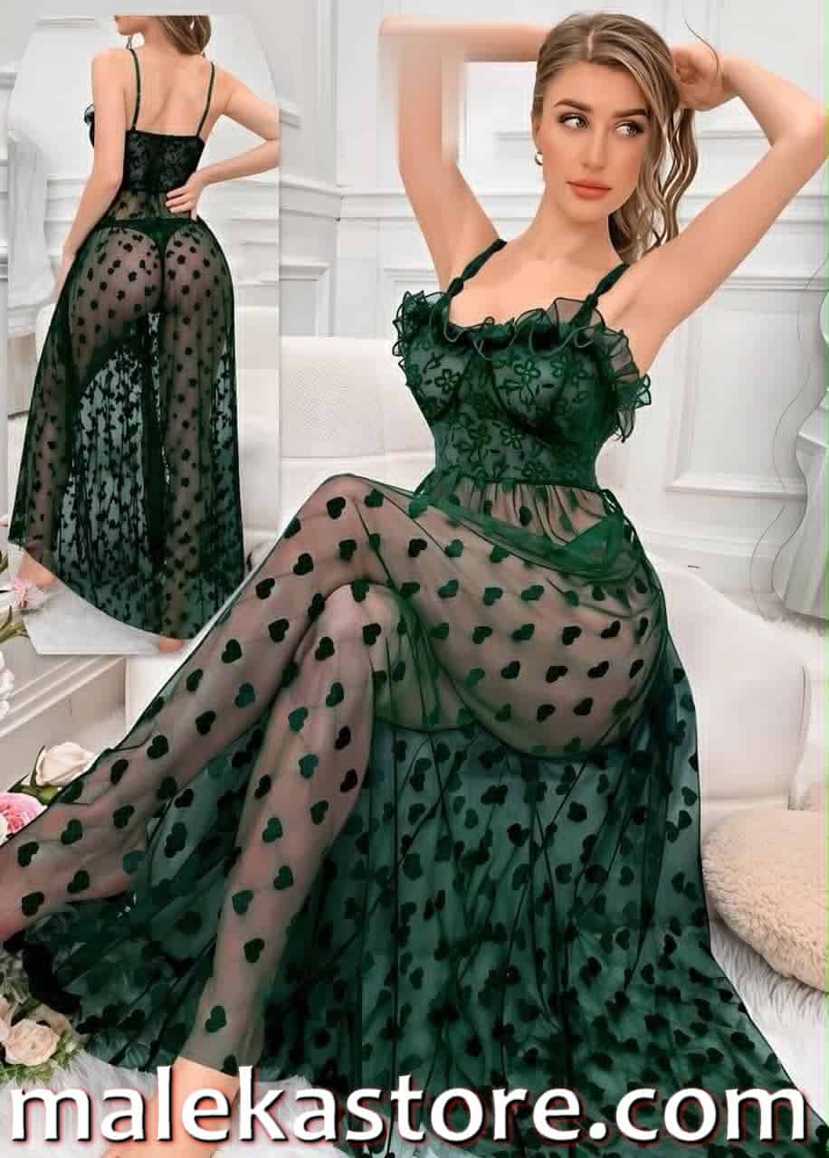 5528 dg 5528 فستان لانجري طويل زيتي شيفون بجلوبس
