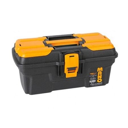 شنطة عدة بلاستيك MANO MGP-13 مقاس 13 بوصة بقفل بلاستيكي وحوافظ علوية باللون الأسود ومقبض أصفر.