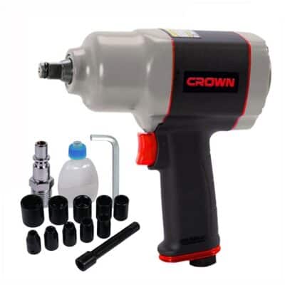 طقم شنيور فك وربط بالهواء CROWN CT38115-BMC مكون من 11 قطعة، يعمل بالهواء المضغوط، بمقاس 1/2 بوصة وعزم دوران 800 نيوتن.متر، يأتي داخل شنطة بلاستيك (BMC)، مناسب لورش السيارات والصيانة الصناعية والاستخدام الاحترافي.