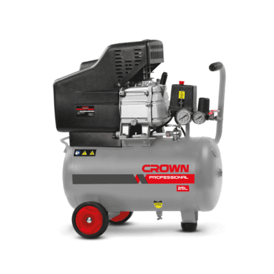 كمبروسر هواء CROWN CT36028 بقدرة 2 حصان وسعة خزان 25 لتر، يعمل بنظام الكوبلنج، مناسب لتشغيل أدوات الهواء، وورش الصيانة، وأعمال النفخ والتنظيف والاستخدامات المهنية المختلفة.