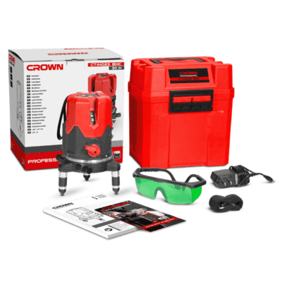 ميزان ليزر CROWN CT44023 بثلاثة خطوط وليزر أخضر ومدى تشغيل حتى 30 متر، مناسب لأعمال التشطيبات، وتركيب السيراميك، والجبس بورد، والأسقف المعلقة، ويوفر دقة عالية في أعمال المحاذاة والتسوية الاحترافية.