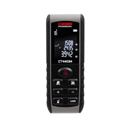 متر ليزر ديجيتال CROWN CT44034 بمدى قياس يصل إلى 80 متر، يوفر قياسات دقيقة وسريعة باستخدام تقنية الليزر، مناسب للمهندسين، والمقاولين، وأعمال التشطيبات، والديكور، وقياس المسافات داخل وخارج المباني.