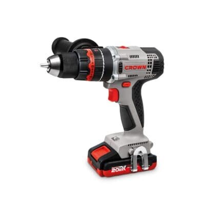 شنيور دقاق بطارية CROWN CT21075HMX بجهد 20 فولت، ظرف معدني 13 مم، وعزم دوران 60 نيوتن متر، مزود ببطاريتين ليثيوم 2 أمبير، مناسب للثقب في الخشب والمعادن والطوب، وفك وربط المسامير، وأعمال الصيانة والاستخدام الاحترافي.