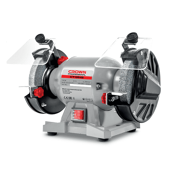 ماكينة جلخ كراون 5 بوصة 170 وات CROWN CT13545 ماكينة جلخ طاولة CROWN CT13545 بقدرة 170 وات، مزودة بقرصي جلخ 125 مم (5 بوصات)، بسرعة دوران 2840 دورة/دقيقة، مع واقيات شرر وحوامل قابلة للتعديل، مناسبة لسن الأدوات وتجليخ وتشطيب المعادن داخل الورش.