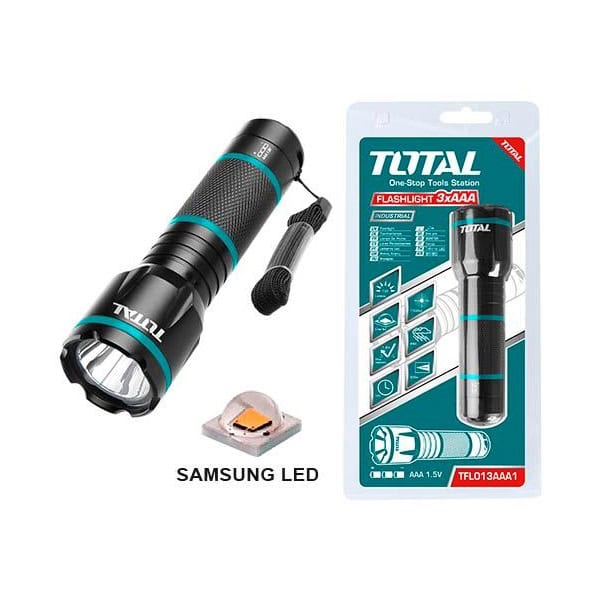 كشاف يدوي TOTAL TFL013AAA1 بسطوع 200 لومن يعمل بثلاث بطاريات AAA ومقاوم للماء IPX4.