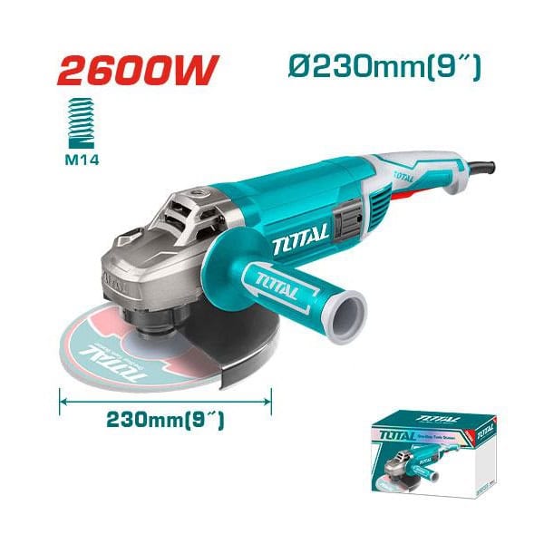 صاروخ قطعية وتجليخ TOTAL TG1262306 2600 وات 9 بوصة صاروخ قطعية وتجليخ TOTAL TG1262306 بقدرة 2600 وات وقرص 230 مم 9 بوصة وسرعة 6200 لفة في الدقيقة.