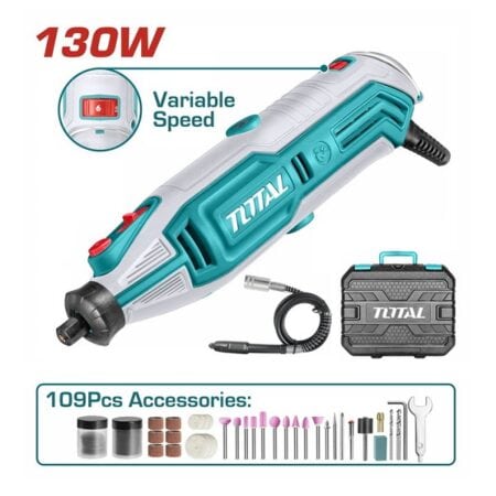 ميني كرافت TOTAL TG513326 بقدرة 130 وات وسرعة 10000 إلى 35000 لفة/دقيقة مع 109 قطعة ملحقات وخرطوم مرن.