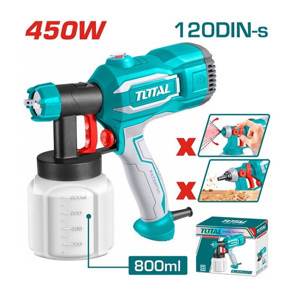 مسدس دوكو TOTAL TT3506 – 450 وات مسدس رش دهان TOTAL TT3506 بقدرة 450 وات وخزان 800 مل ومعدل تدفق 380 مل في الدقيقة
