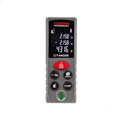 متر ليزر CROWN CT44029 ديجيتال بمدى قياس من 0.05 إلى 60 متر ودقة ±2 مم، مزود بوظيفة حساب المساحات، يعمل ببطاريتين AAA، مناسب للمهندسين، وأعمال التشطيبات، والديكور، والقياسات الاحترافية.