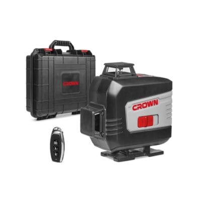 ميزان ليزر CROWN CT44091 أخضر 16 خط، مزود بـ4 عدسات 360°، مدى 30 متر، تسوية ذاتية، ريموت كنترول، بطارية ليثيوم 4Ah، مع شنطة حماية وحامل تثبيت، مناسب لأعمال التشطيبات، وتركيب السيراميك، والأسقف المعلقة، والديكور الاحترافي.