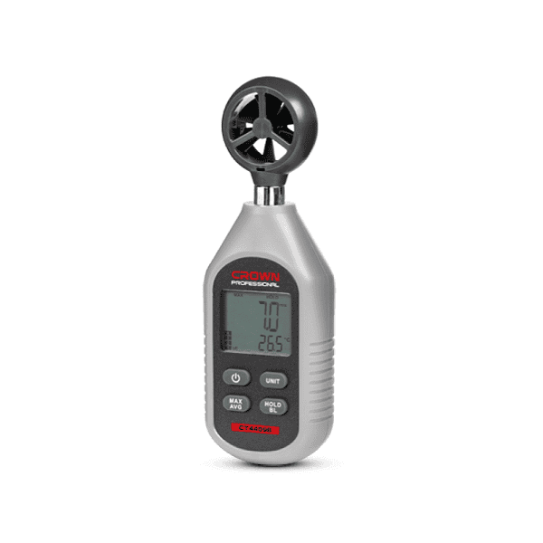 جهاز قياس سرعة الهواء كراون CROWN CT44098 جهاز قياس سرعة الهواء CROWN CT44098 الرقمي، يقيس سرعة الهواء من 0 إلى 30 متر/ثانية ودرجة الحرارة من -10 إلى +50°م، مزود بشاشة رقمية وإيقاف تلقائي، مناسب لفحص أنظمة التكييف والتهوية والقياسات البيئية.