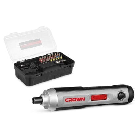 طقم مفك بطارية CROWN CT22033 IMC بجهد 3.6 فولت وبطارية ليثيوم 2 أمبير، يضم 28 قطعة متنوعة مع إضاءة LED وشنطة بلاستيك، مناسب لأعمال الفك والربط، وتركيب الأثاث، والصيانة المنزلية والاحترافية الخفيفة.