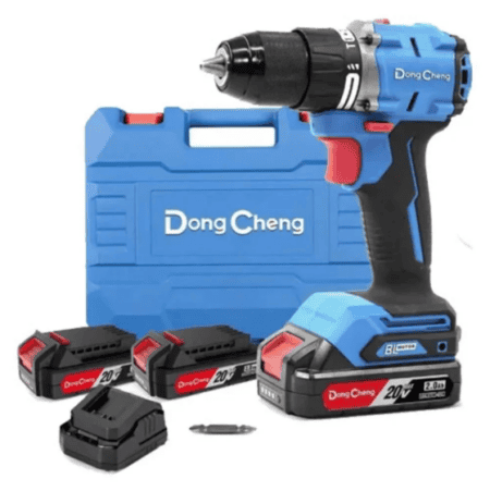 شنيور دقاق بطارية DONG CHENG DCJZ2060I براشليس 20 فولت بعزم 60 نيوتن وظرف معدني 13 مم مع بطاريتين وشاحن.