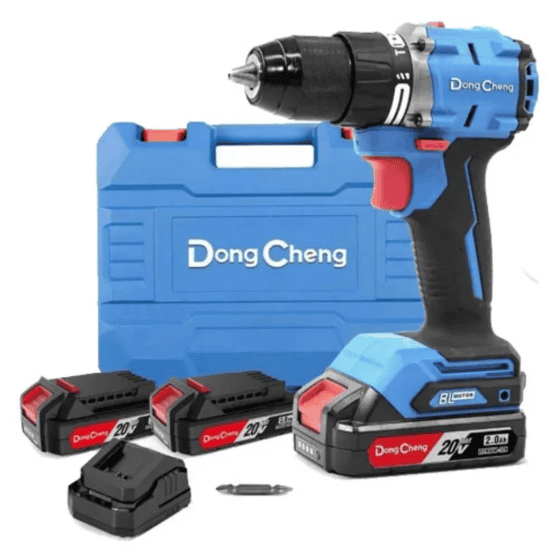 شنيور دقاق بطارية DONG CHENG DCJZ2060I براشليس 20 فولت بعزم 60 نيوتن وظرف معدني 13 مم مع بطاريتين وشاحن.