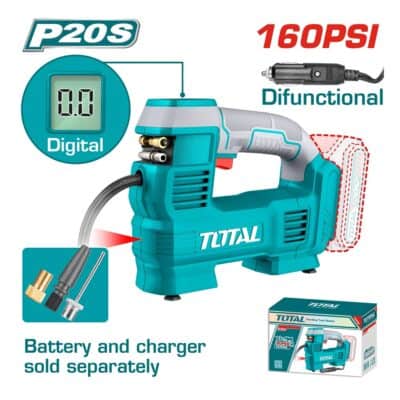 كمبروسر سيارة بطارية TOTAL TACLI2012 بجهد 20 فولت وضغط 160 PSI و11 بار وتدفق هواء 35 لتر في الدقيقة بدون بطارية وشاحن.