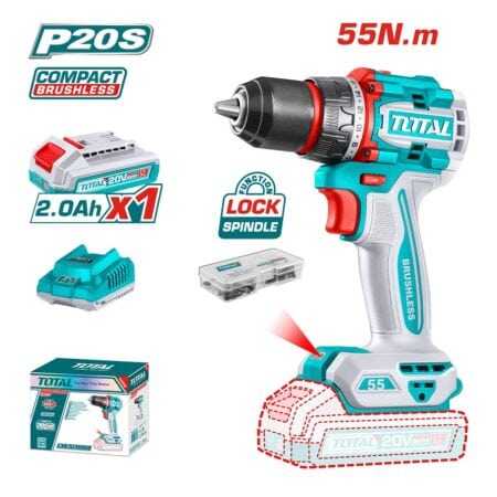 شنيور بطارية توتال TDLI205582 20 فولت 55 نيوتن متر Brushless مع بطارية 2 أمبير وشاحن و47 قطعة إكسسوار
