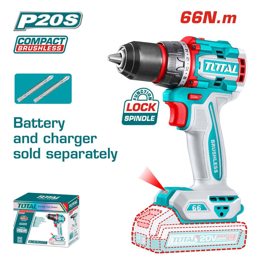 شنيور بطارية توتال TDLI206681 20 فولت 66 نيوتن متر Brushless بظرف معدني 13 مم بدون بطارية وشاحن