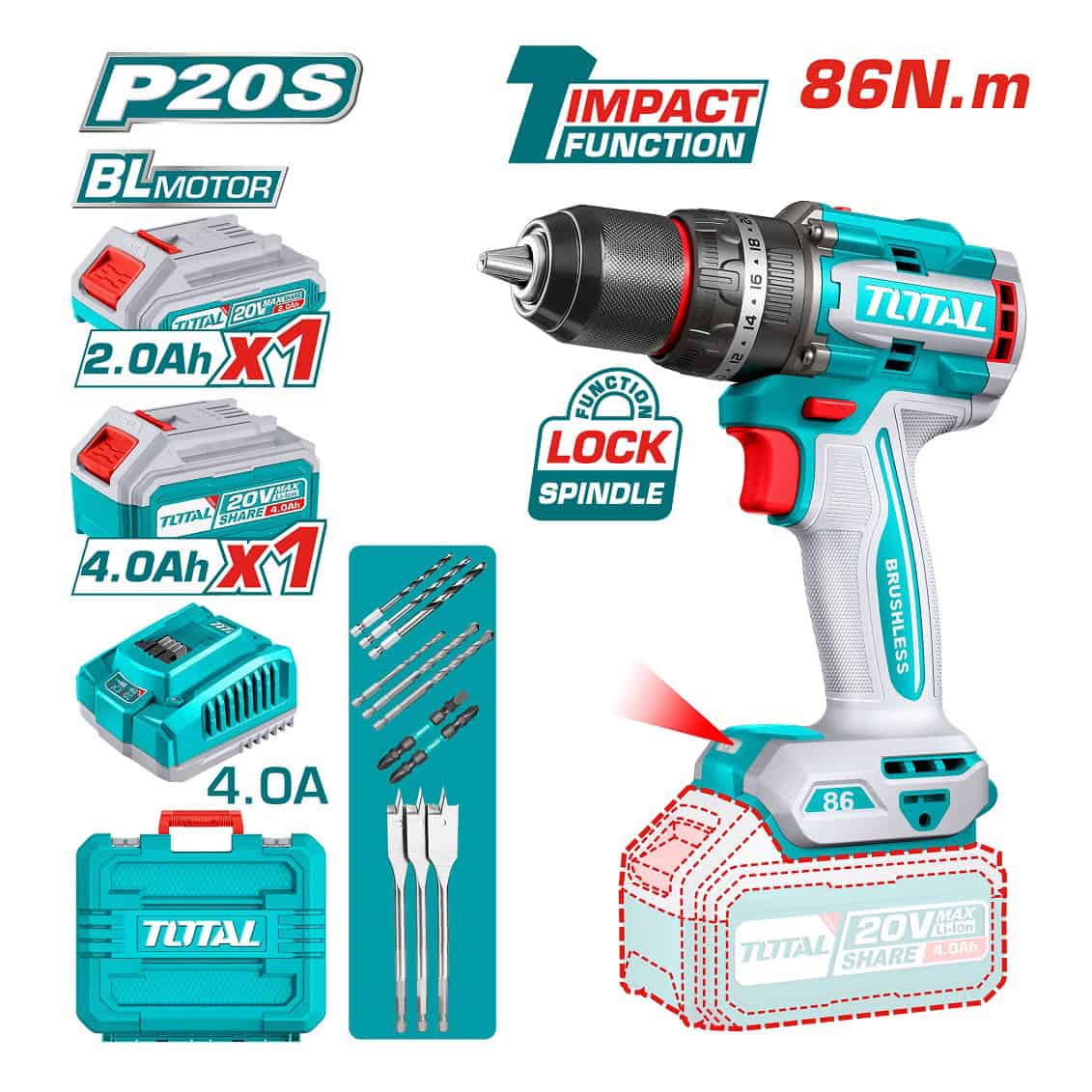 شنيور دقاق توتال TIDLI20868 20 فولت 86 نيوتن متر Brushless مع بطارية 2 أمبير و4 أمبير وشاحن وإكسسوارات
