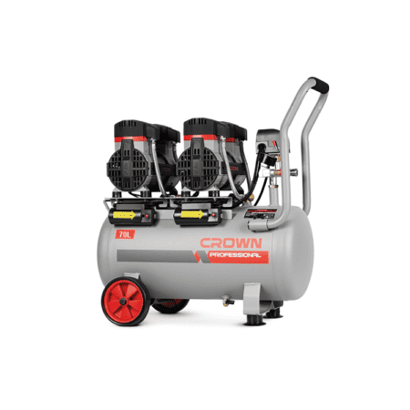 كمبروسر هواء CROWN CT36109 بسعة 70 لتر، قدرة 1450 وات، مزود بوحدتي ضغط ويعمل بدون زيت، مناسب لتشغيل العدد الهوائية، وأعمال الدهان، والنفخ، والصيانة في الورش والاستخدامات الاحترافية.