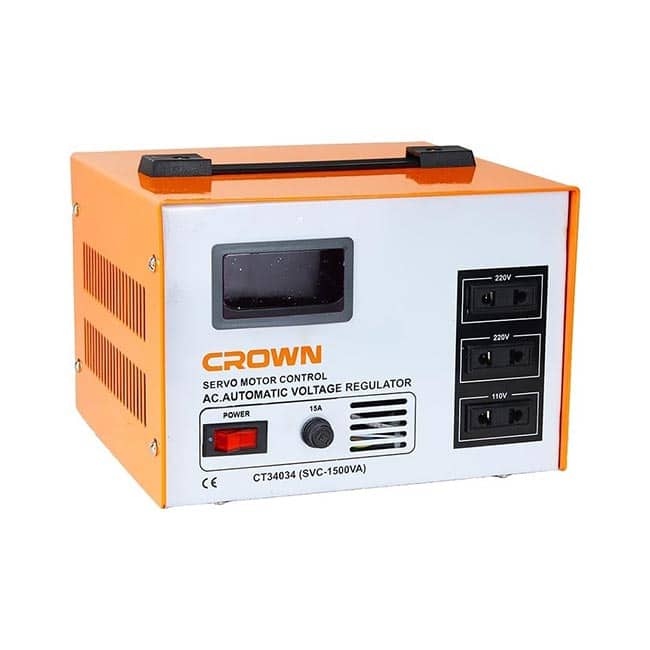مثبت تيار ديجيتال سلك نحاس كراون 140-260 فولت 1500 وات CROWN CT34034 مثبت تيار ديجيتال CROWN CT34034 بقدرة 1500 وات، يعمل في نطاق جهد 140-260 فولت، مزود بملفات سلك نحاس وشاشة رقمية، مناسب لحماية الأجهزة الكهربائية من تقلبات وانخفاض وارتفاع الجهد الكهربائي.