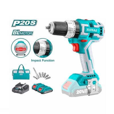 شنيور دقاق بطارية Brushless TOTAL TIDLI20608 بجهد 20 فولت وعزم 60 نيوتن متر وظرف 2 إلى 13 مم مع بطاريتين وشاحن.
